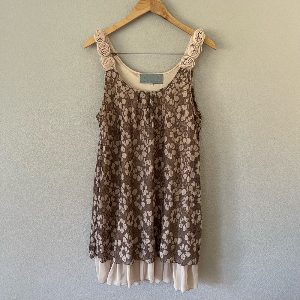 O2 Collection Brown/Cream  Lace Floral Dress Size L Boho Cottagecore Fairycore